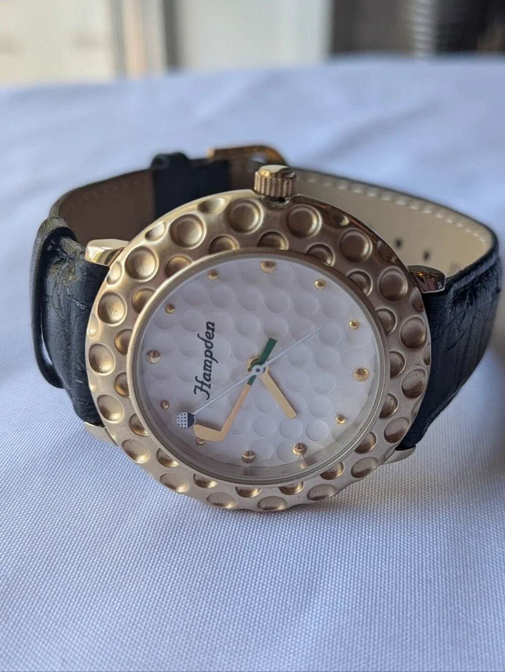 Hampden Golf Watch Golden Dimpled Bezel Club Hand Black Leather Strap Steel Back